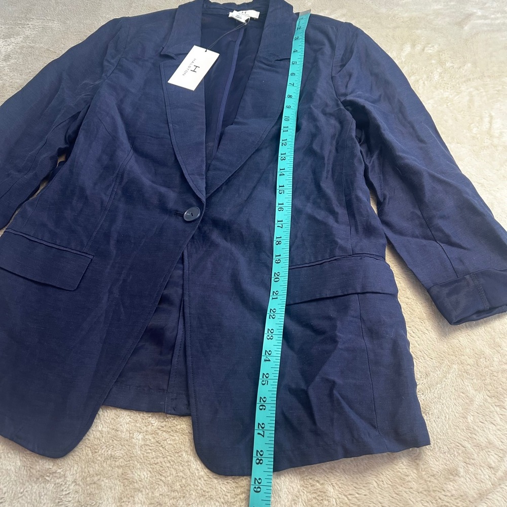 NWT Halston Womens Large Navy Blue Linen Blend Blazer Jacket Single Button Lined - Picture 6 of 8